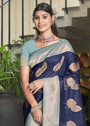 Navy Blue Cotton Saree With Blouse Piece - Indian Silk House Agencies