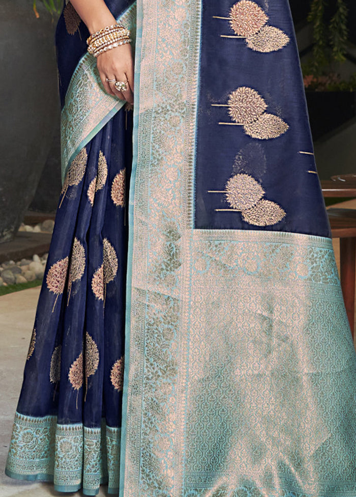 Navy Blue Cotton Saree With Blouse Piece - Indian Silk House Agencies