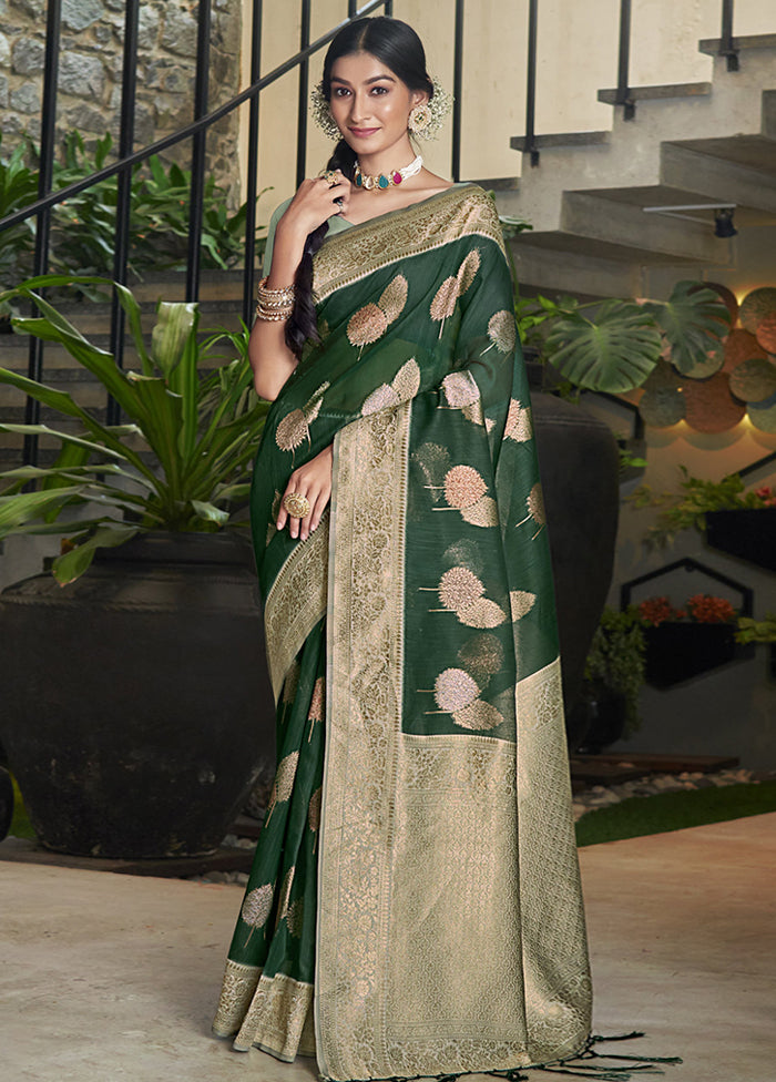 Dark Green Cotton Saree With Blouse Piece - Indian Silk House Agencies