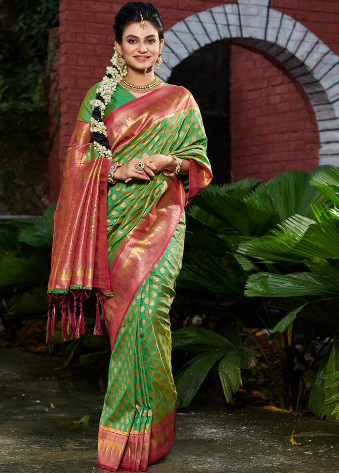 Green Spun Silk Saree With Blouse Piece - Indian Silk House Agencies