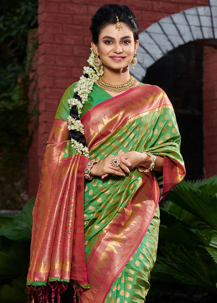 Green Spun Silk Saree With Blouse Piece - Indian Silk House Agencies