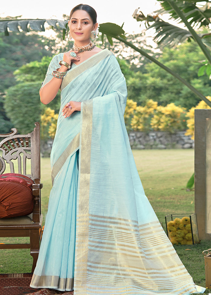 Sky Blue Cotton Saree With Blouse Piece - Indian Silk House Agencies