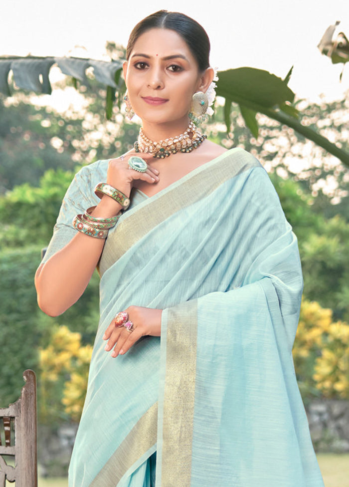 Sky Blue Cotton Saree With Blouse Piece - Indian Silk House Agencies