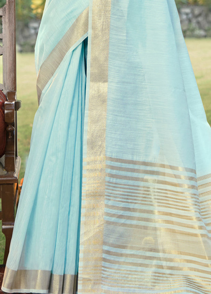 Sky Blue Cotton Saree With Blouse Piece - Indian Silk House Agencies