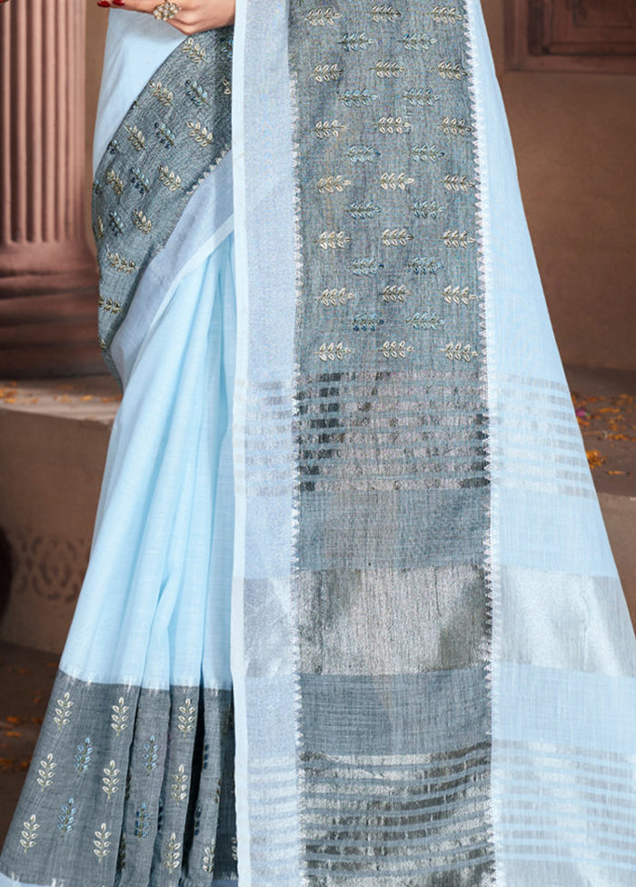 Sky Blue Cotton Saree With Blouse Piece - Indian Silk House Agencies