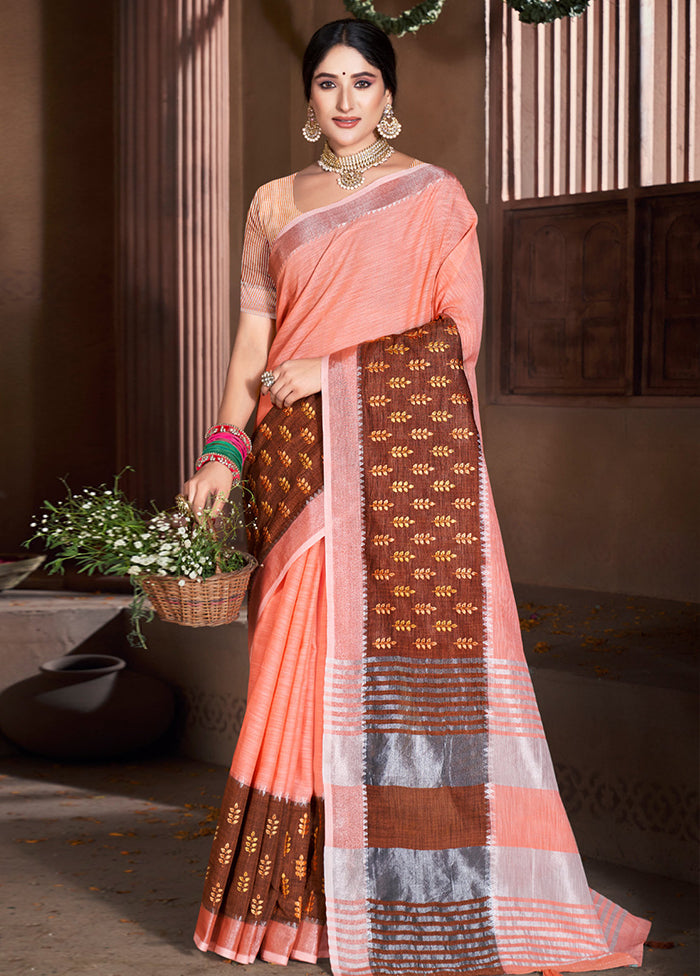 Peach Cotton Saree With Blouse Piece - Indian Silk House Agencies