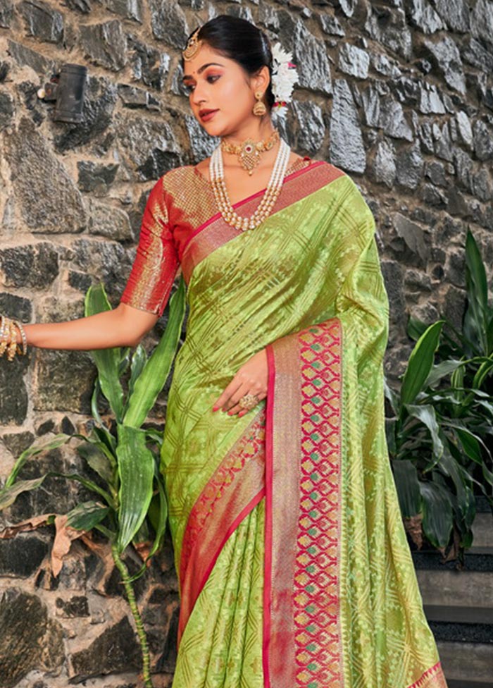 Parrot Green Organza Saree With Blouse Piece - Indian Silk House Agencies