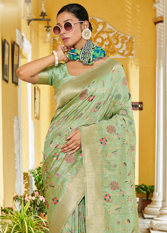 Light Green Spun Silk Saree With Blouse Piece - Indian Silk House Agencies