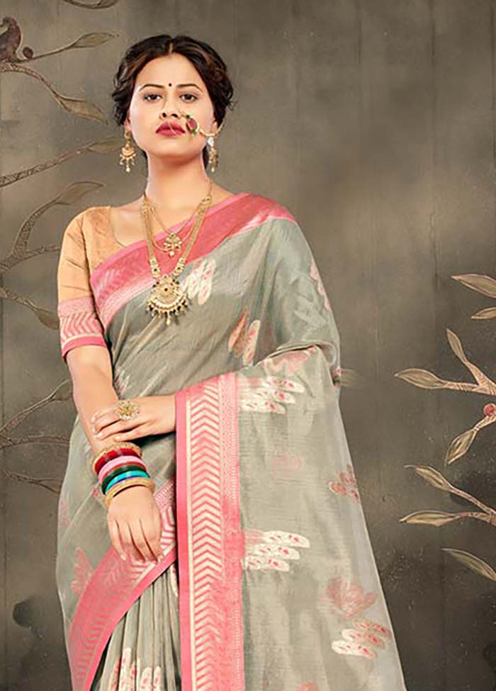 Grey Cotton Saree With Blouse Piece - Indian Silk House Agencies