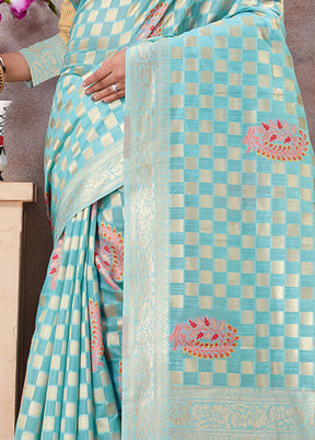 Sky Blue Kota Cotton Saree With Blouse Piece - Indian Silk House Agencies