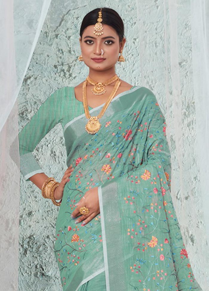 Sea Green Linen Silk Saree With Blouse Piece - Indian Silk House Agencies