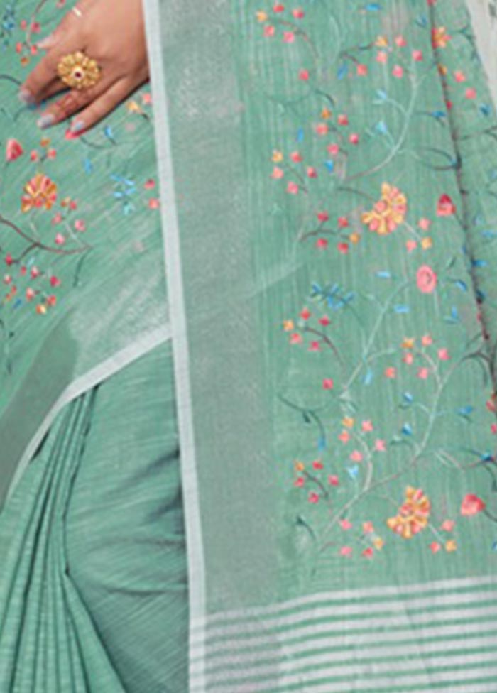 Sea Green Linen Silk Saree With Blouse Piece - Indian Silk House Agencies