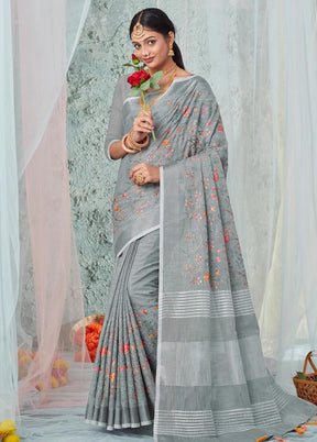 Grey Linen Silk Saree With Blouse Piece - Indian Silk House Agencies