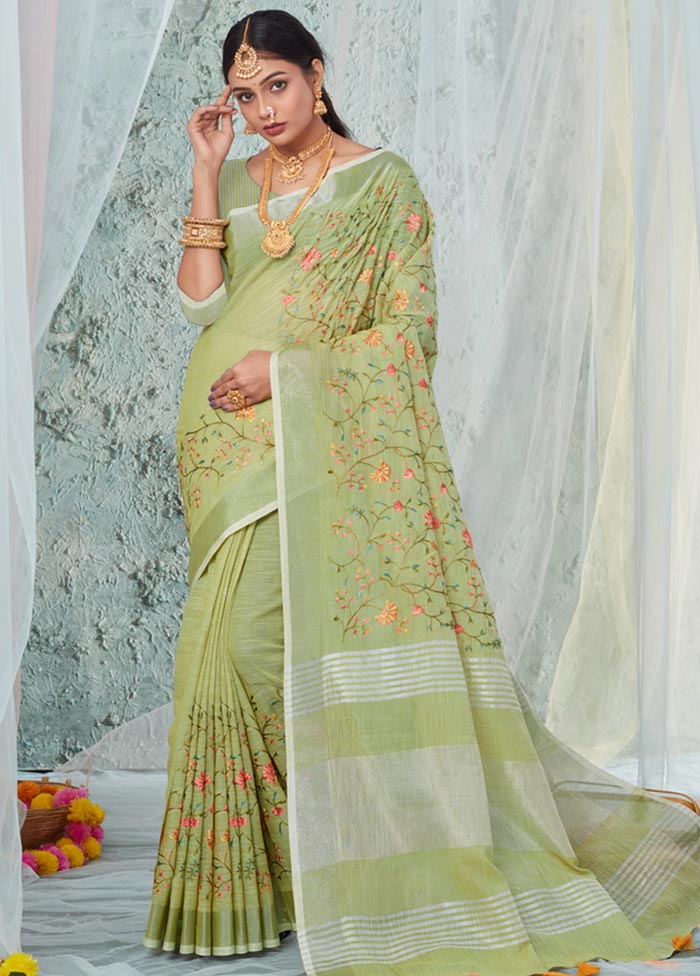 Green Linen Silk Saree With Blouse Piece - Indian Silk House Agencies