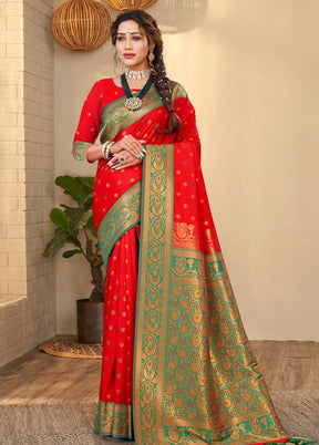 Red Spun Silk Saree With Blouse Piece - Indian Silk House Agencies