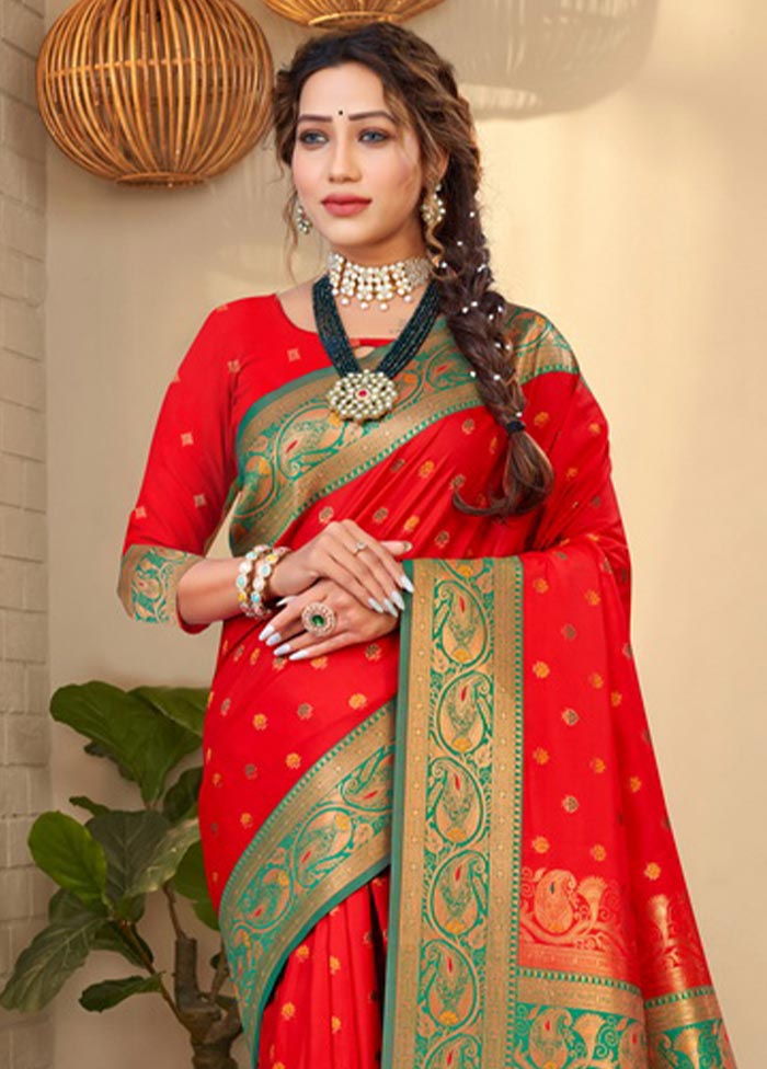 Red Spun Silk Saree With Blouse Piece - Indian Silk House Agencies