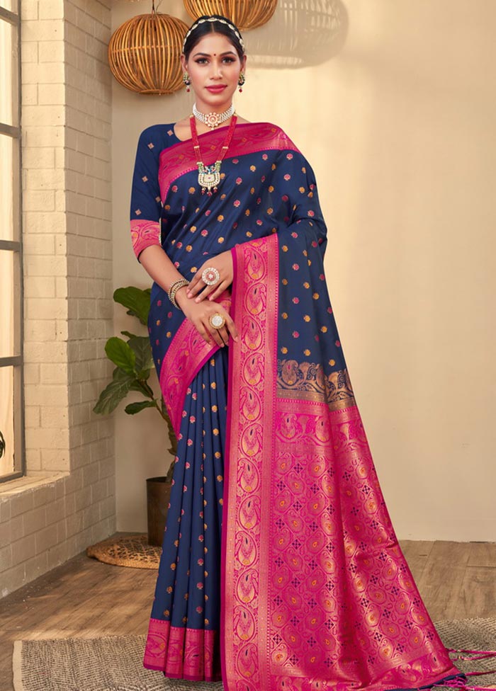 Navy Blue Spun Silk Saree With Blouse Piece - Indian Silk House Agencies