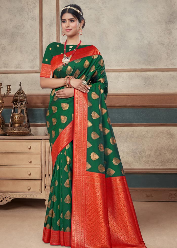 Dark Green Spun Silk Saree With Blouse Piece - Indian Silk House Agencies