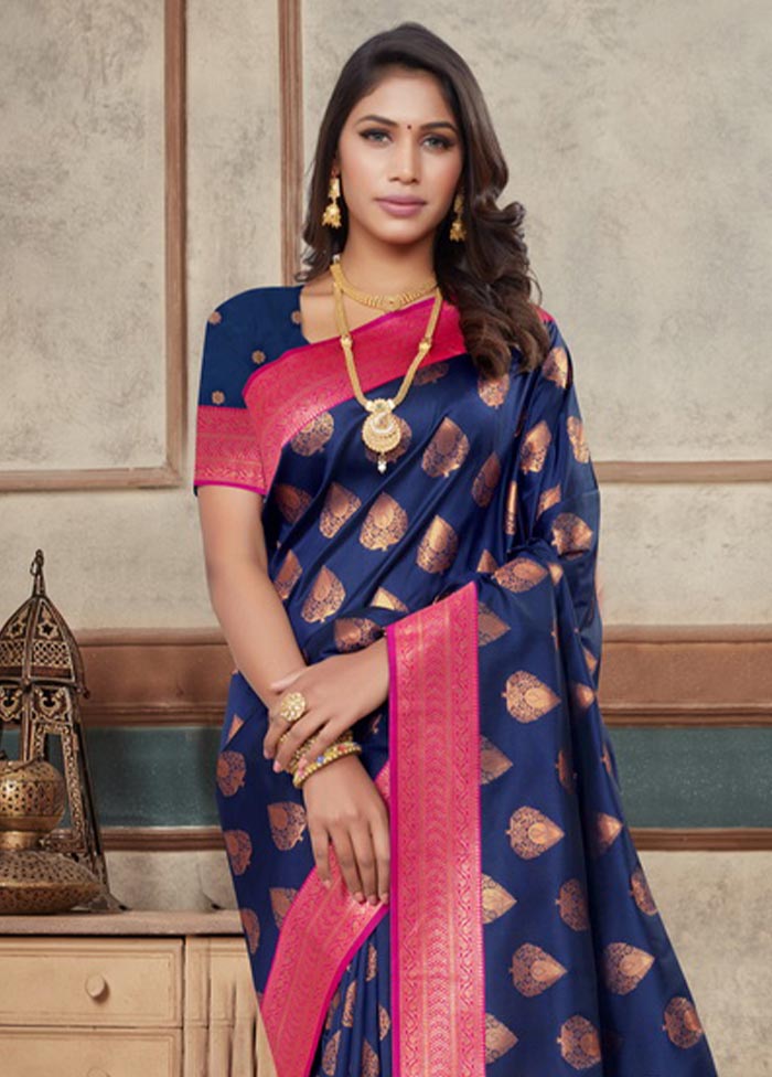 Navy Blue Spun Silk Saree With Blouse Piece - Indian Silk House Agencies