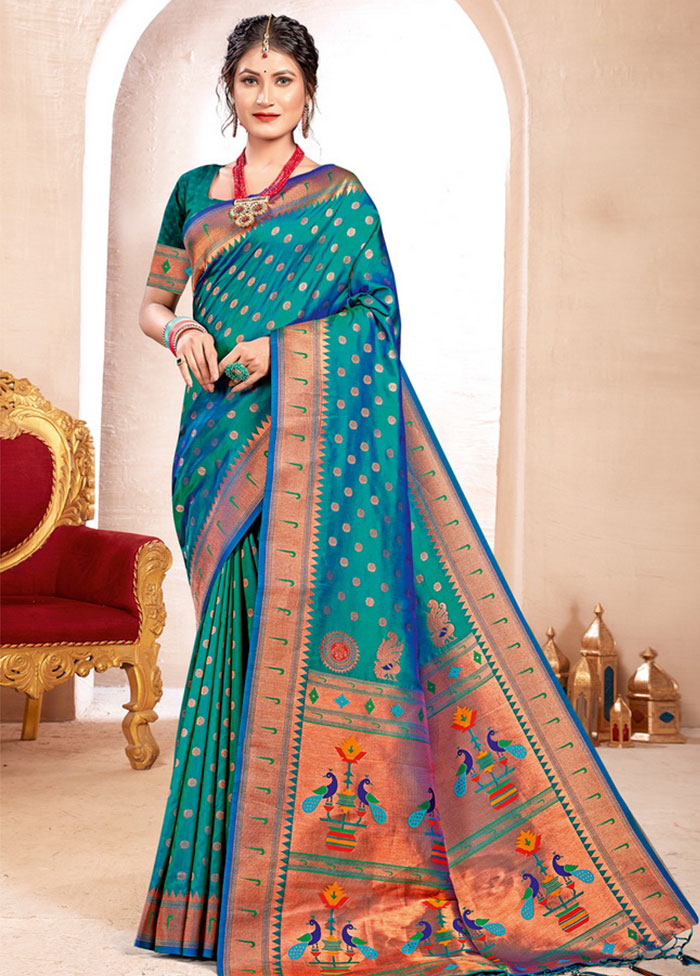 Turquoise Spun Silk Saree With Blouse Piece - Indian Silk House Agencies
