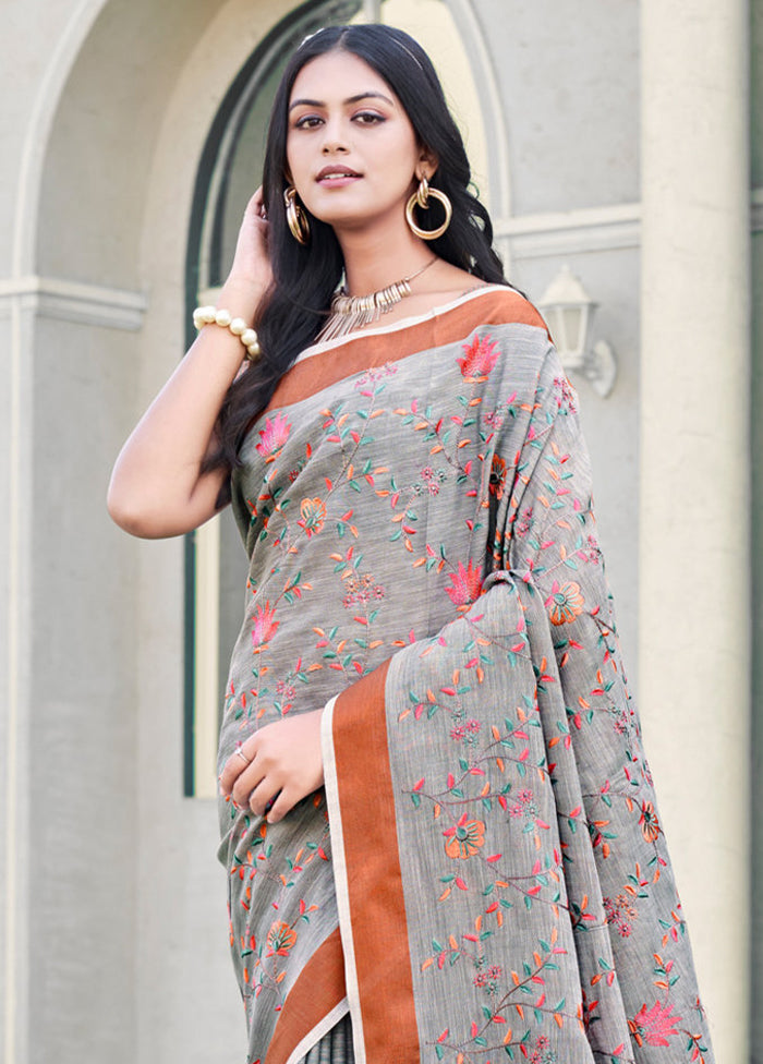 Grey Silk Saree With Blouse Piece - Indian Silk House Agencies