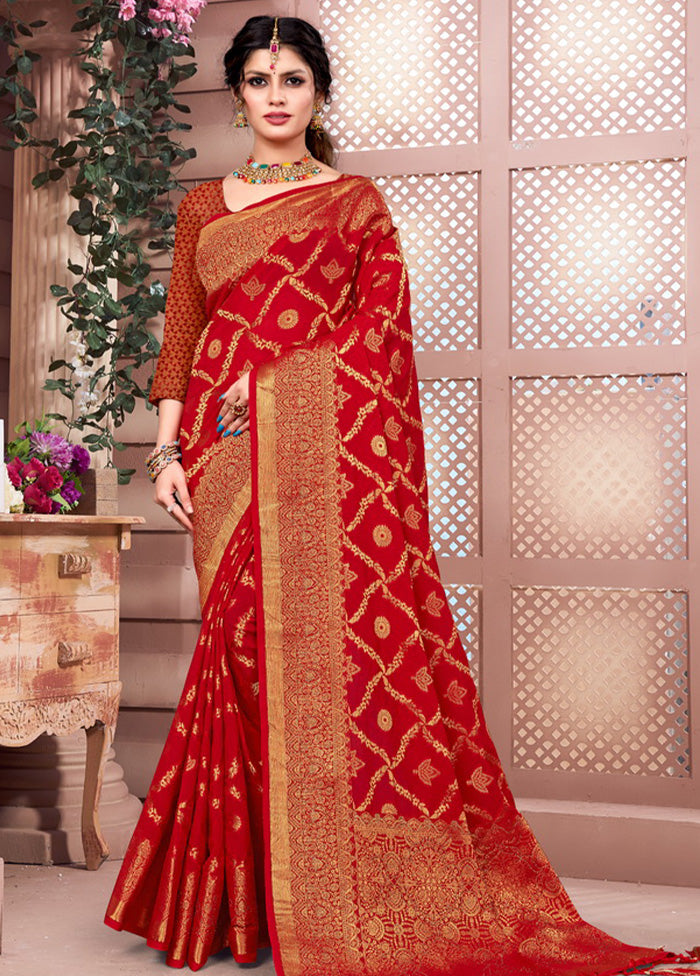 Red Spun Silk Saree With Blouse Piece - Indian Silk House Agencies