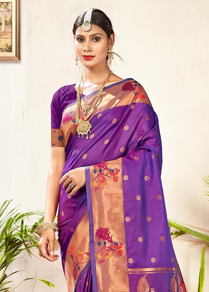 Viloet Paithani Silk Saree With Blouse Piece - Indian Silk House Agencies