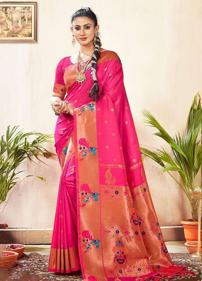 Pink Paithani Silk Saree With Blouse Piece - Indian Silk House Agencies