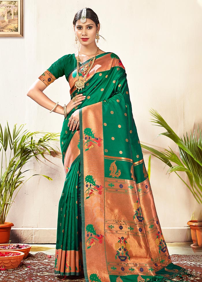 Green Paithani Silk Saree With Blouse Piece - Indian Silk House Agencies