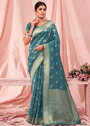 Sky Blue Cotton Saree With Blouse Piece - Indian Silk House Agencies