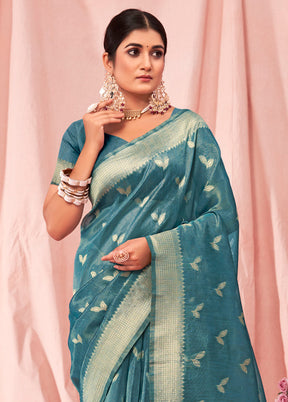 Sky Blue Cotton Saree With Blouse Piece - Indian Silk House Agencies