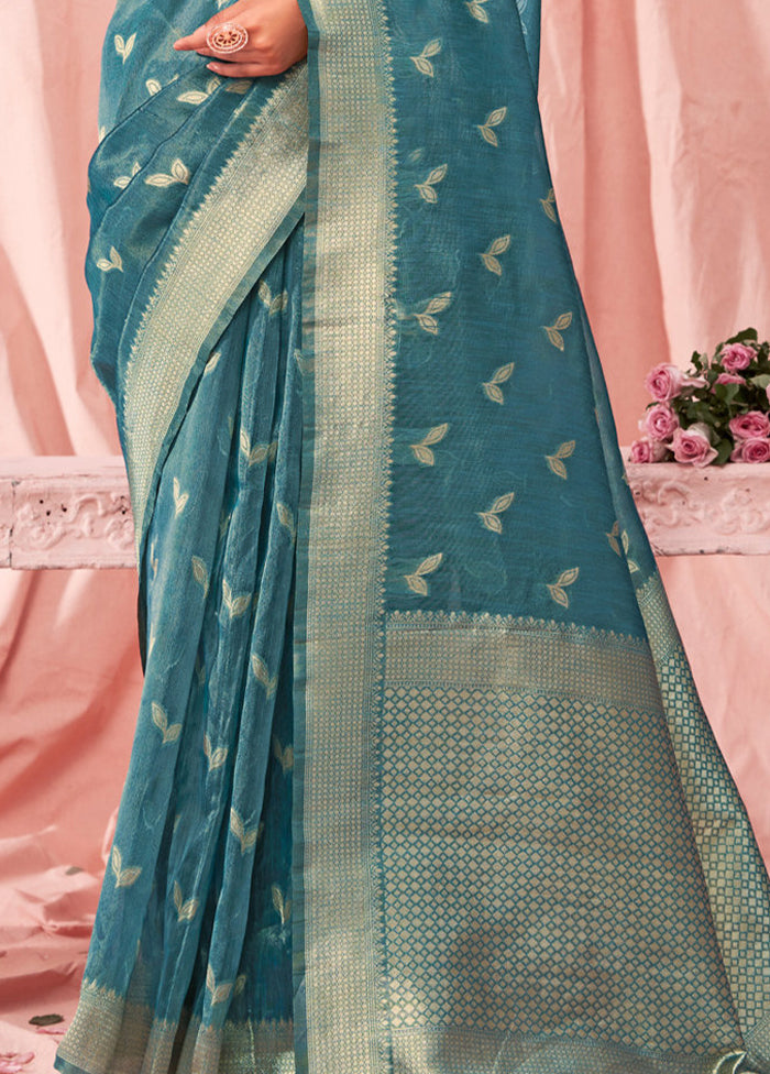 Sky Blue Cotton Saree With Blouse Piece - Indian Silk House Agencies