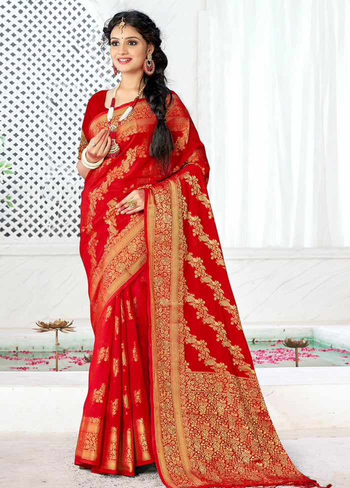 Red Spun Silk Saree With Blouse Piece - Indian Silk House Agencies