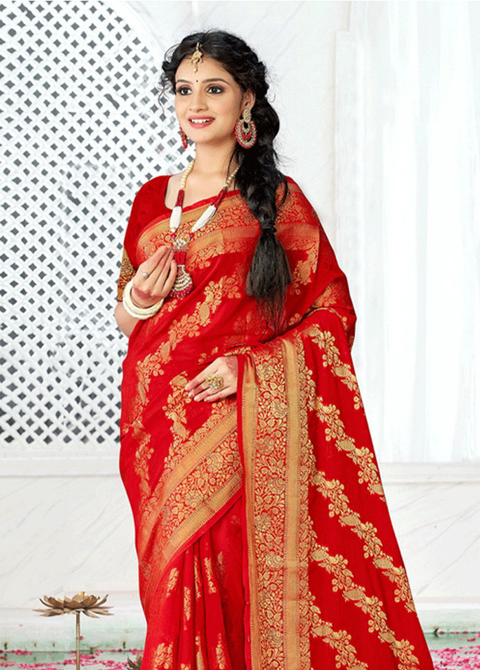 Red Spun Silk Saree With Blouse Piece - Indian Silk House Agencies