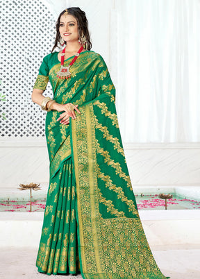 Green Spun Silk Saree With Blouse Piece - Indian Silk House Agencies