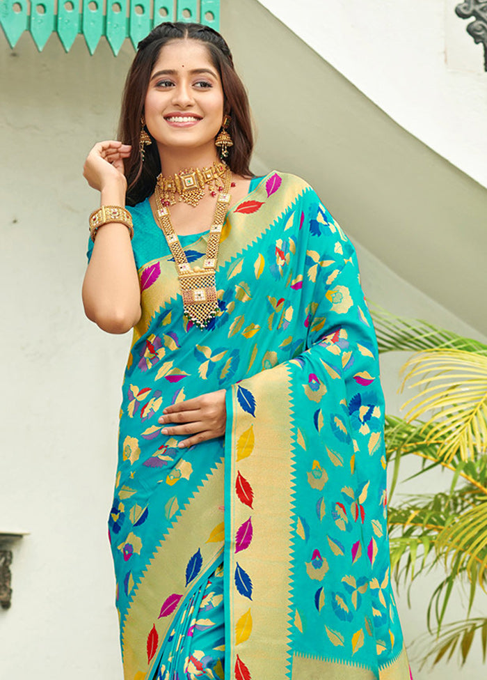 Turquoise Spun Silk Saree With Blouse Piece - Indian Silk House Agencies