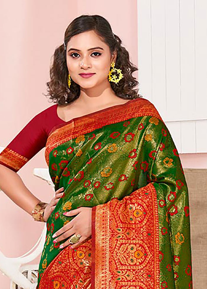 Green Spun Silk Saree With Blouse Piece - Indian Silk House Agencies