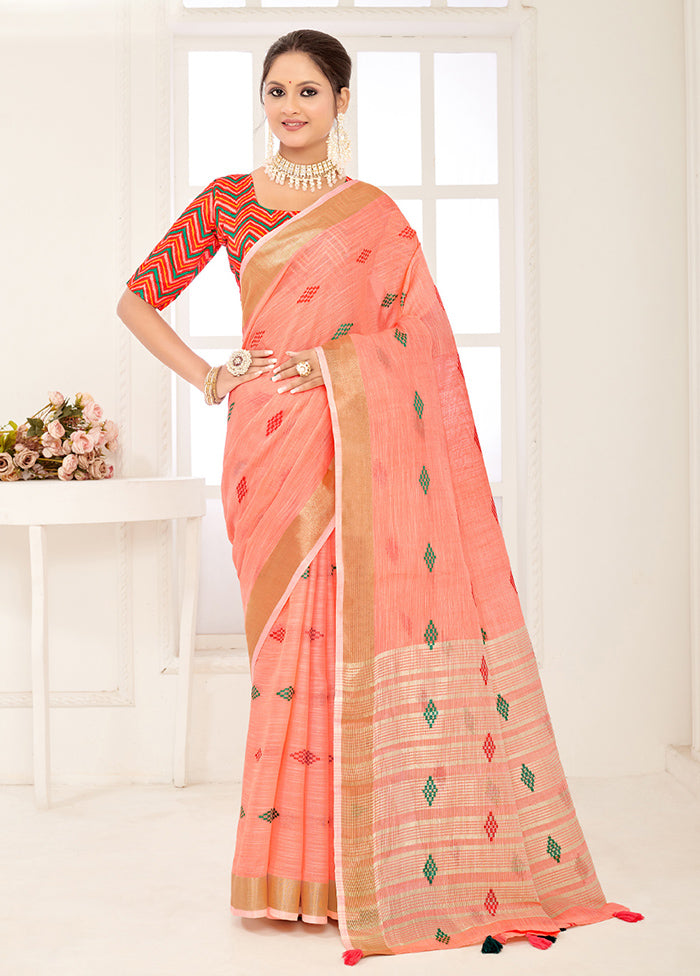 Peach Spun Silk Saree With Blouse Piece - Indian Silk House Agencies