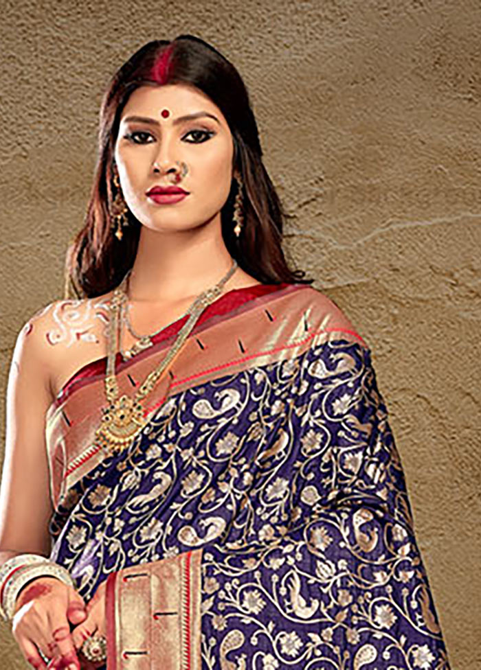 Navy Blue Spun Silk Saree With Blouse Piece - Indian Silk House Agencies