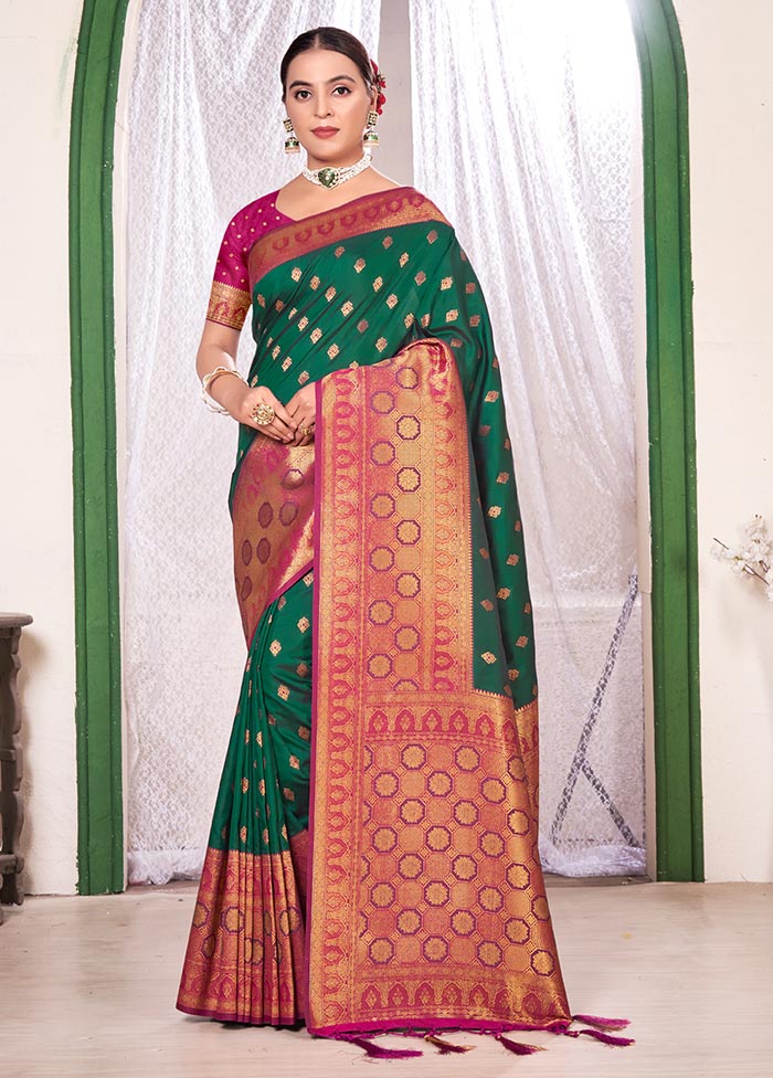 Dark Green Spun Silk Saree With Blouse Piece - Indian Silk House Agencies