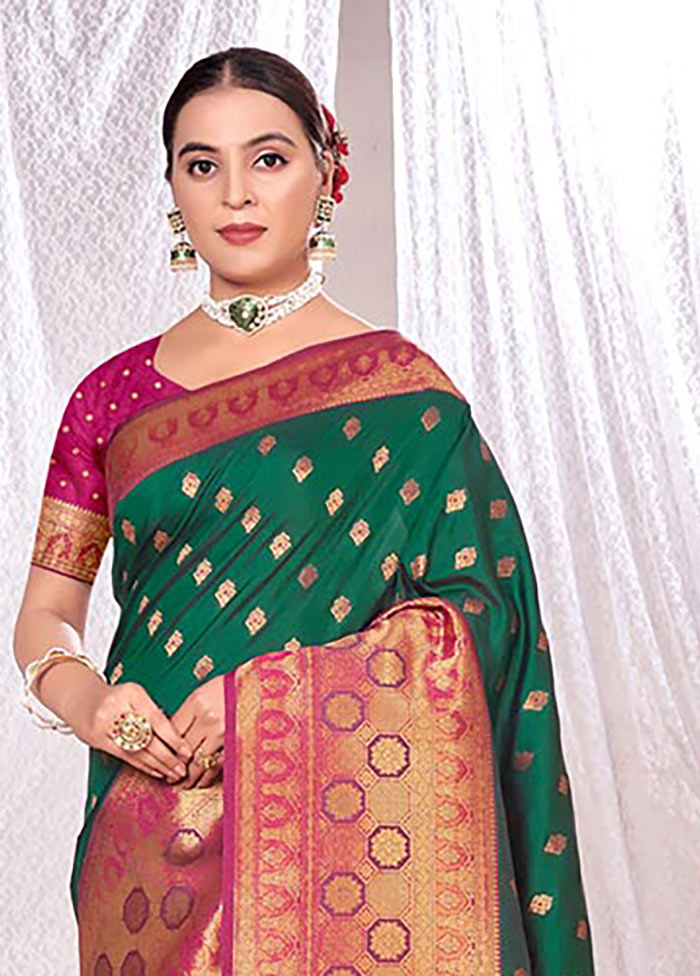 Dark Green Spun Silk Saree With Blouse Piece - Indian Silk House Agencies