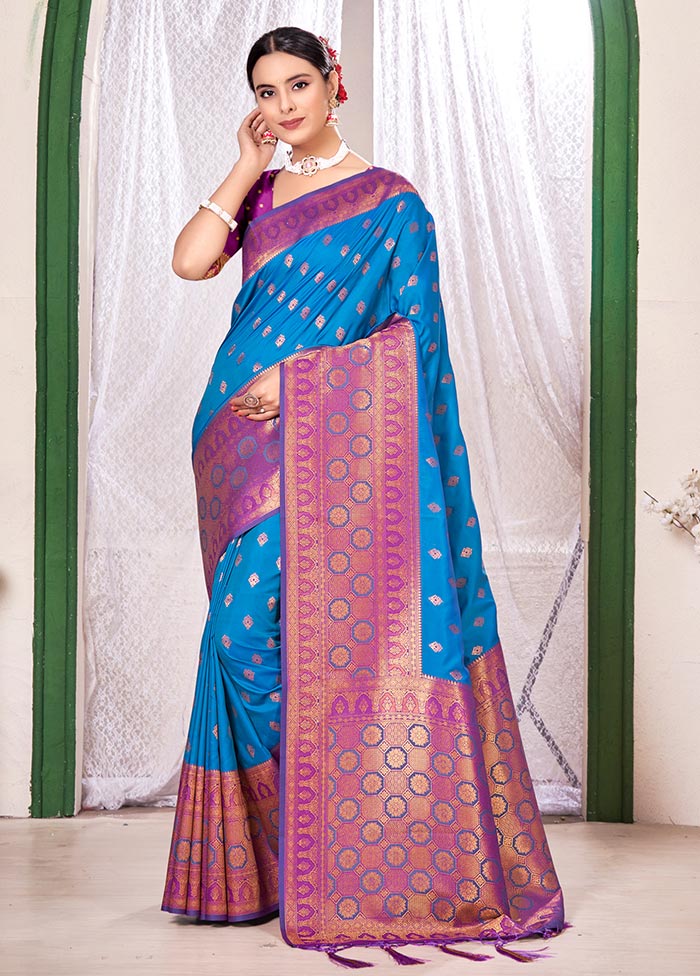 Sky Blue Spun Silk Saree With Blouse Piece - Indian Silk House Agencies