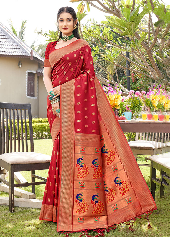 Red Spun Silk Saree With Blouse Piece - Indian Silk House Agencies