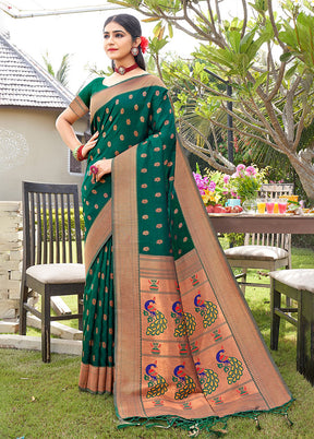 Green Spun Silk Saree With Blouse Piece - Indian Silk House Agencies