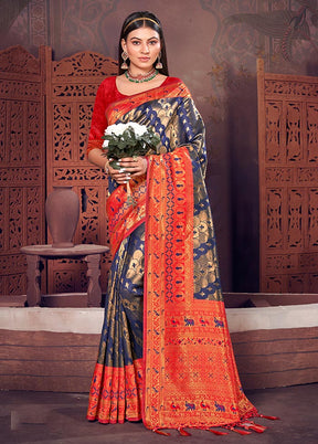 Navy Blue Spun Silk Saree With Blouse Piece - Indian Silk House Agencies