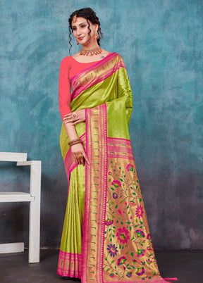 Parrot Green Paithani Silk Saree With Blouse Piece - Indian Silk House Agencies