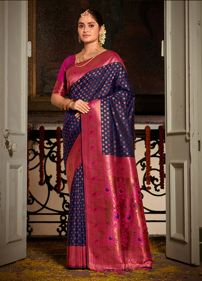 Navy Blue Spun Silk Saree With Blouse Piece - Indian Silk House Agencies