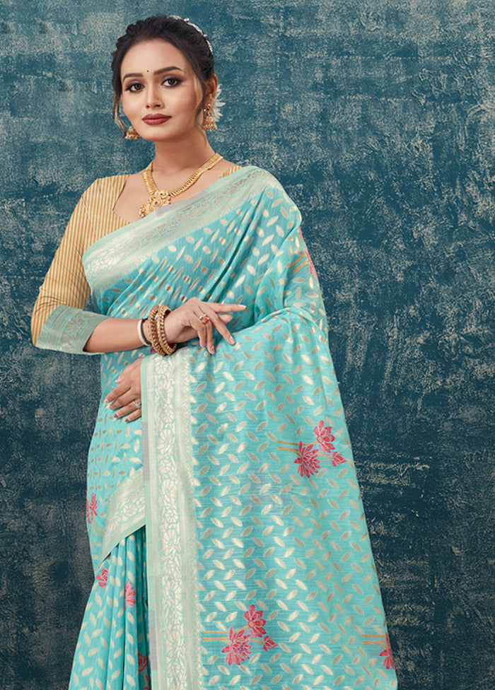 Sky Blue Kota Cotton Saree With Blouse Piece - Indian Silk House Agencies