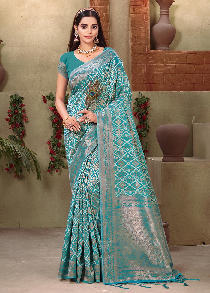 Sky Blue Cotton Saree With Blouse Piece - Indian Silk House Agencies