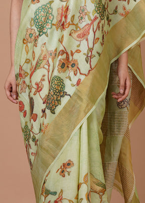 Lime Green Pure Silk Saree With Blouse Piece - Indian Silk House Agencies